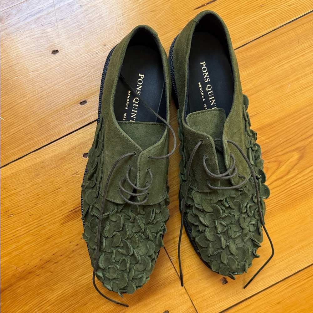 Pons Quintana Dark Green Textured Suede Oxfords